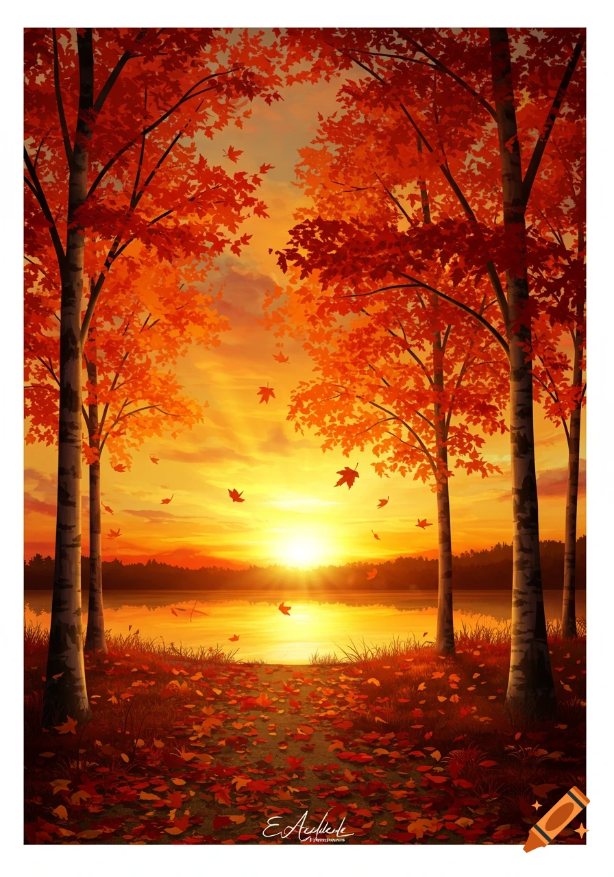 Stylized illustration of an autumn sunset over a lake, with red and orange trees framing a path covered in fallen leaves.