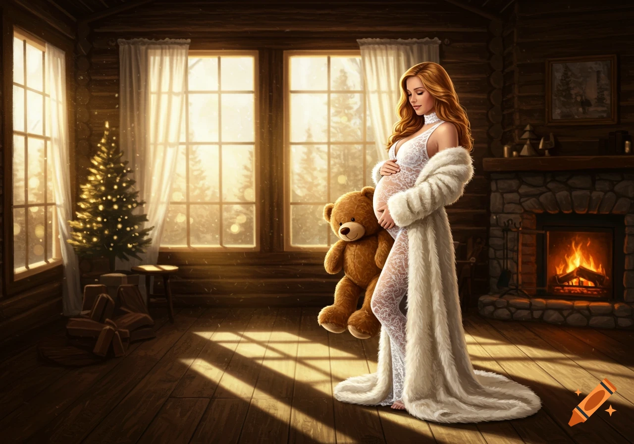 A pregnant woman in a white lace gown and fur coat holds a teddy bear in a cozy log cabin with a Christmas tree and fireplace.
