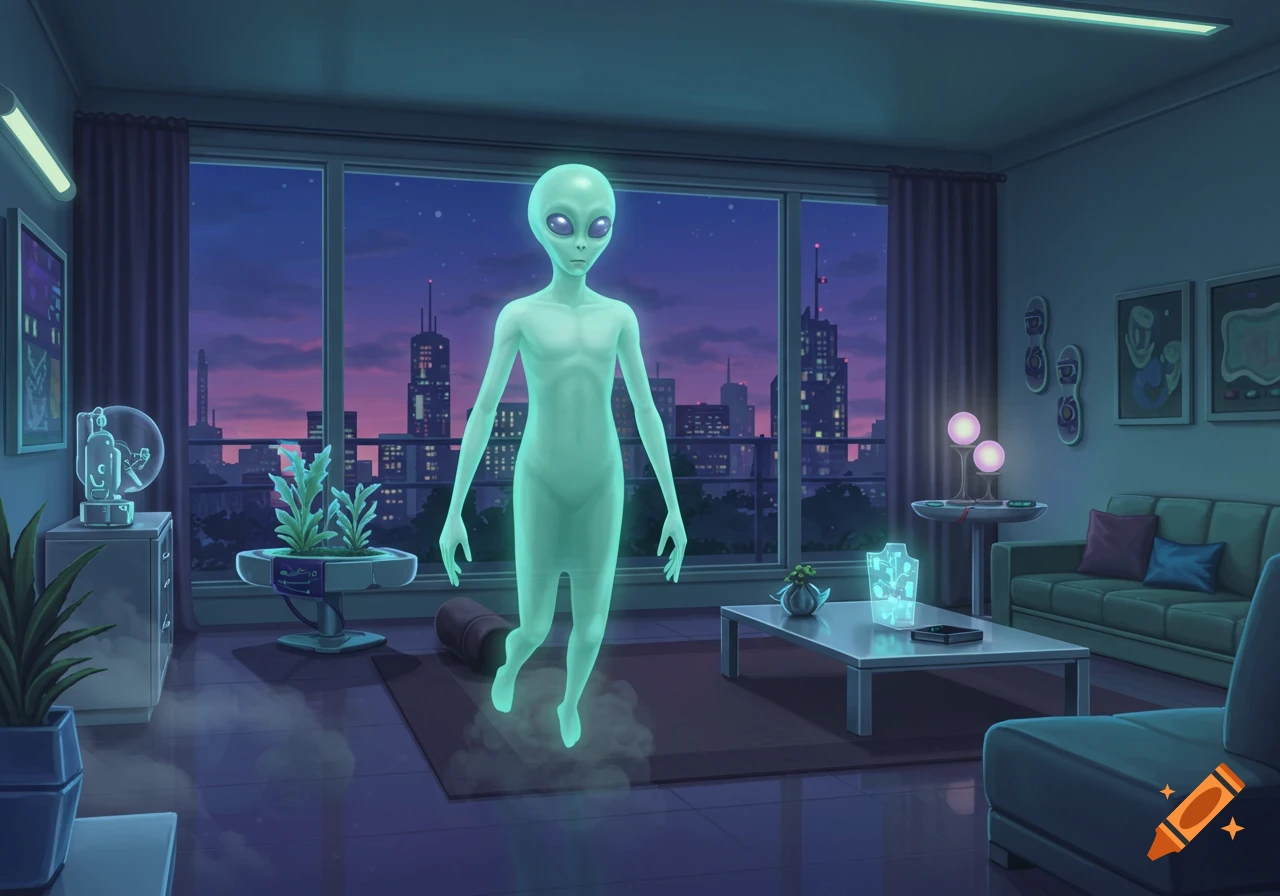 A translucent light-green alien hovers in a modern apartment at night, with a city skyline visible through large windows.