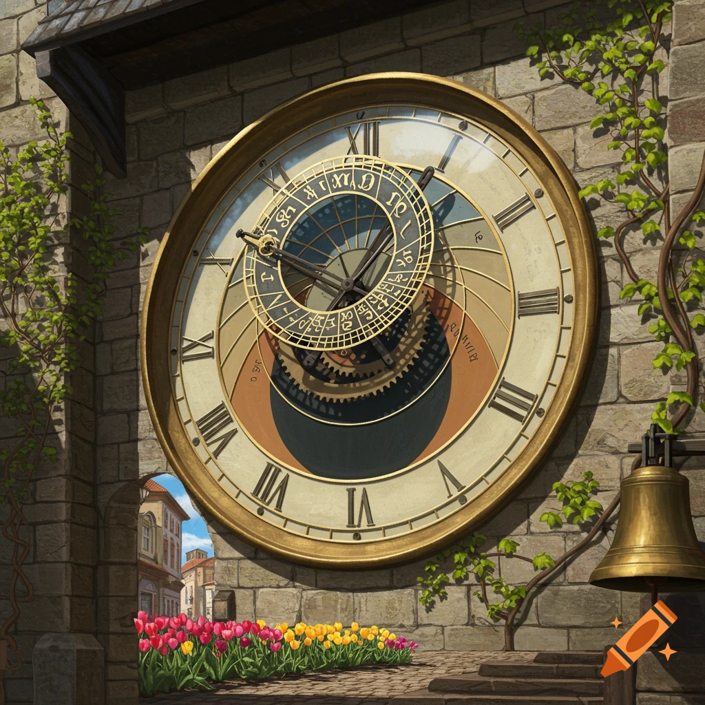 An ornate astronomical clock with Roman numerals on a stone building, with colorful tulips and a golden bell.