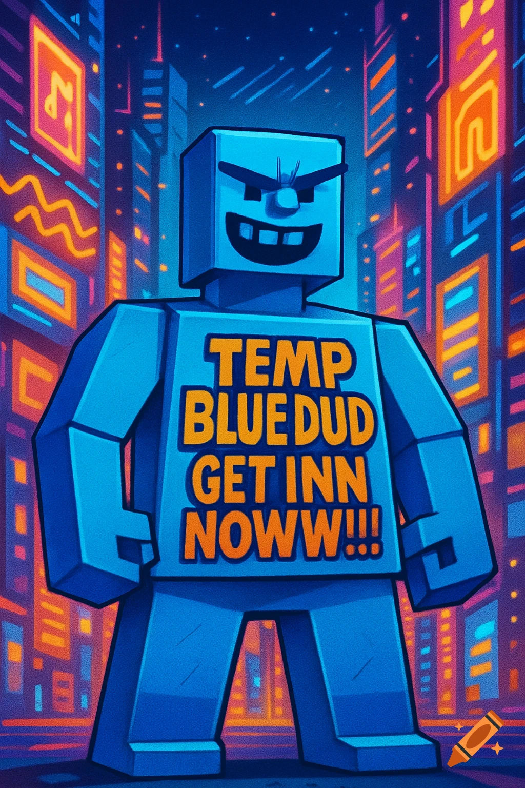 A blue blocky robot character with black teeth and an angry grin stands in a neon-lit futuristic city, with text on its chest reading 'TEMP BLUE DUD GET INN NOWW!!!' in orange.
