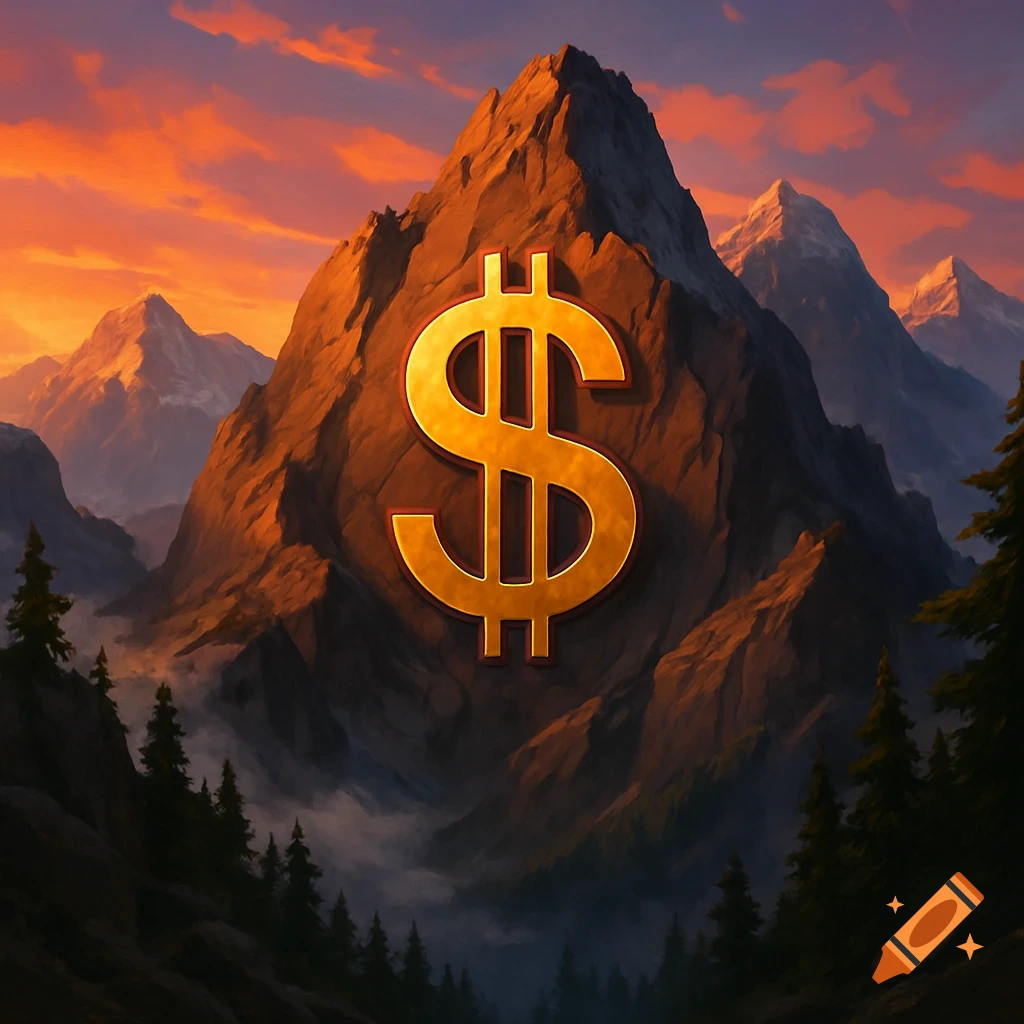 A prominent golden dollar sign on a mountain peak at sunset, with a dramatic sky and surrounding mountain range.