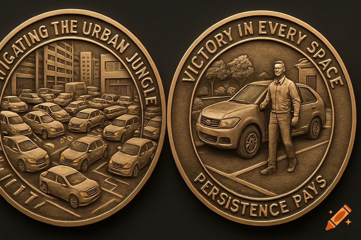 Two bronze challenge coins depicting urban scenes with cars and text, "Navigating the Urban Jungle" and "Victory in Every Space Persistence Pays".