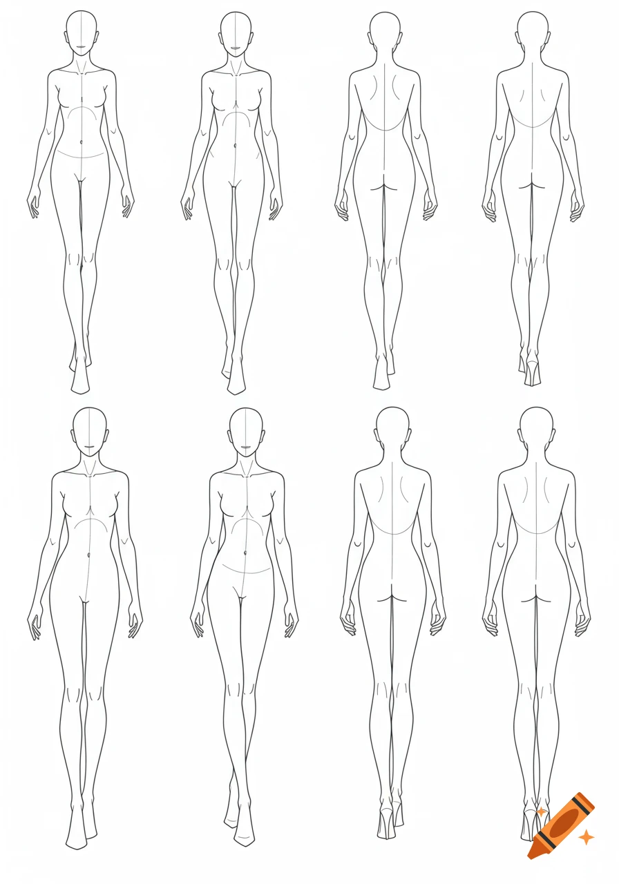 Eight female fashion croquis, showing front and back views as blank line art templates.