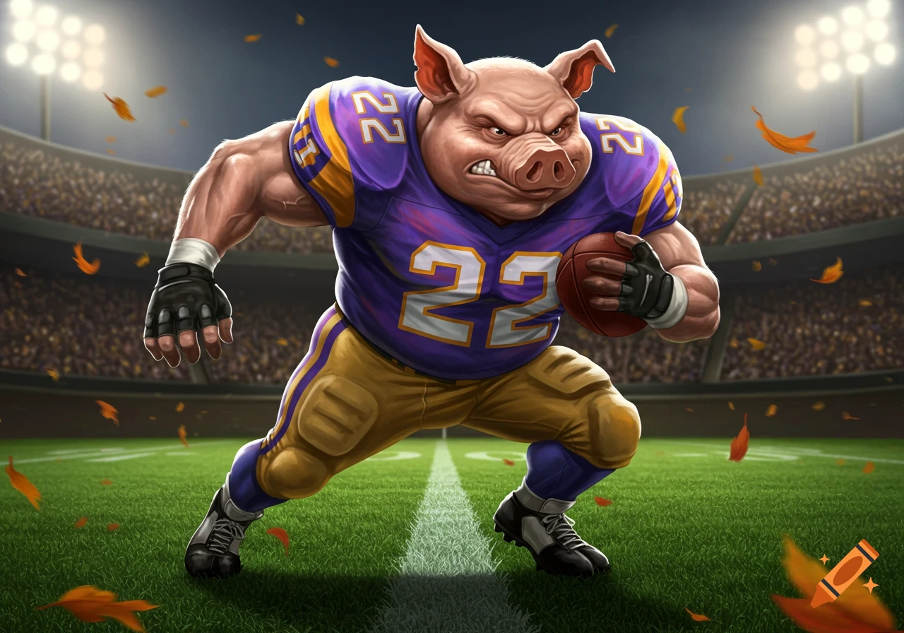 A muscular cartoon pig in a purple and gold football jersey with number 22, holding a football and running on a stadium field.