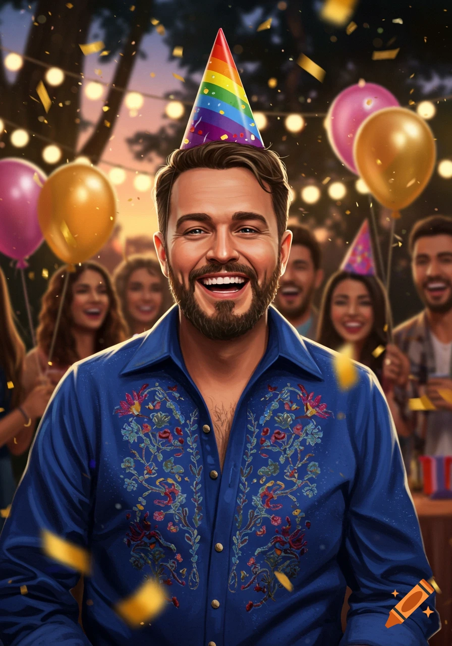 A man with a beard and a rainbow party hat laughs at an outdoor birthday party with friends, balloons, and confetti.