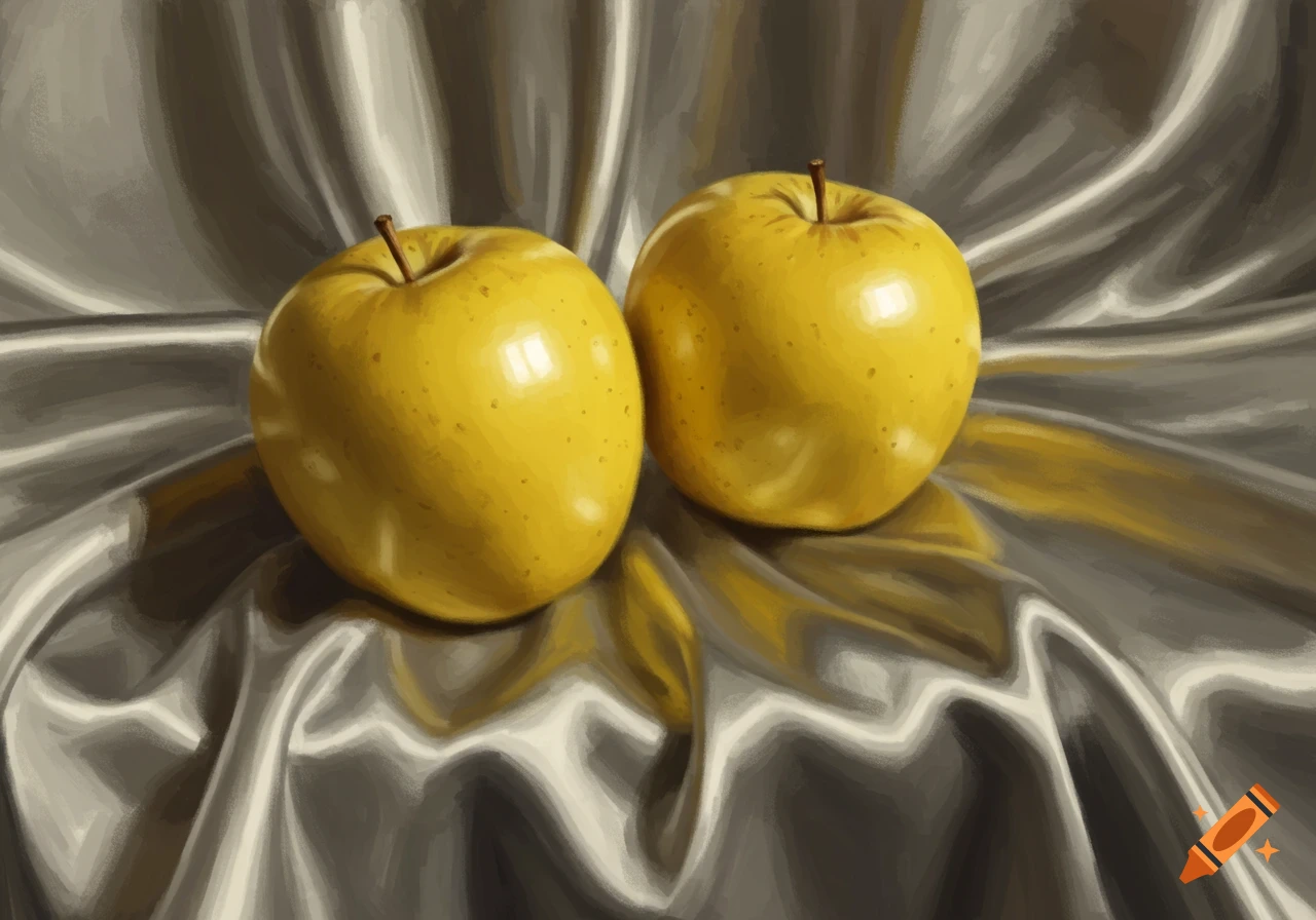 Two yellow apples resting on a reflective, draped silver cloth in a realistic painting style.