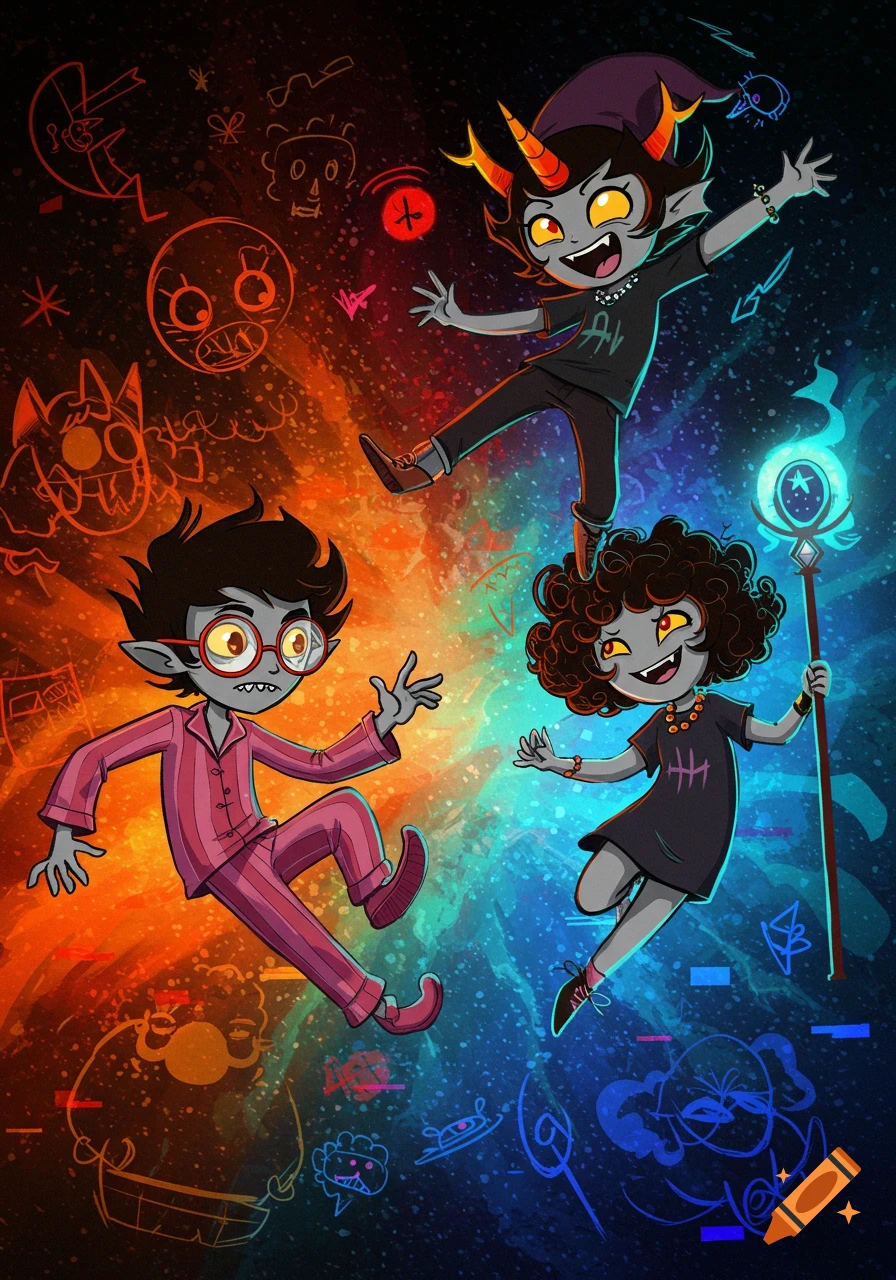 Three cartoonish, grey-skinned characters with horns and glasses, in colorful outfits, against a vibrant red and blue background with floating doodles.