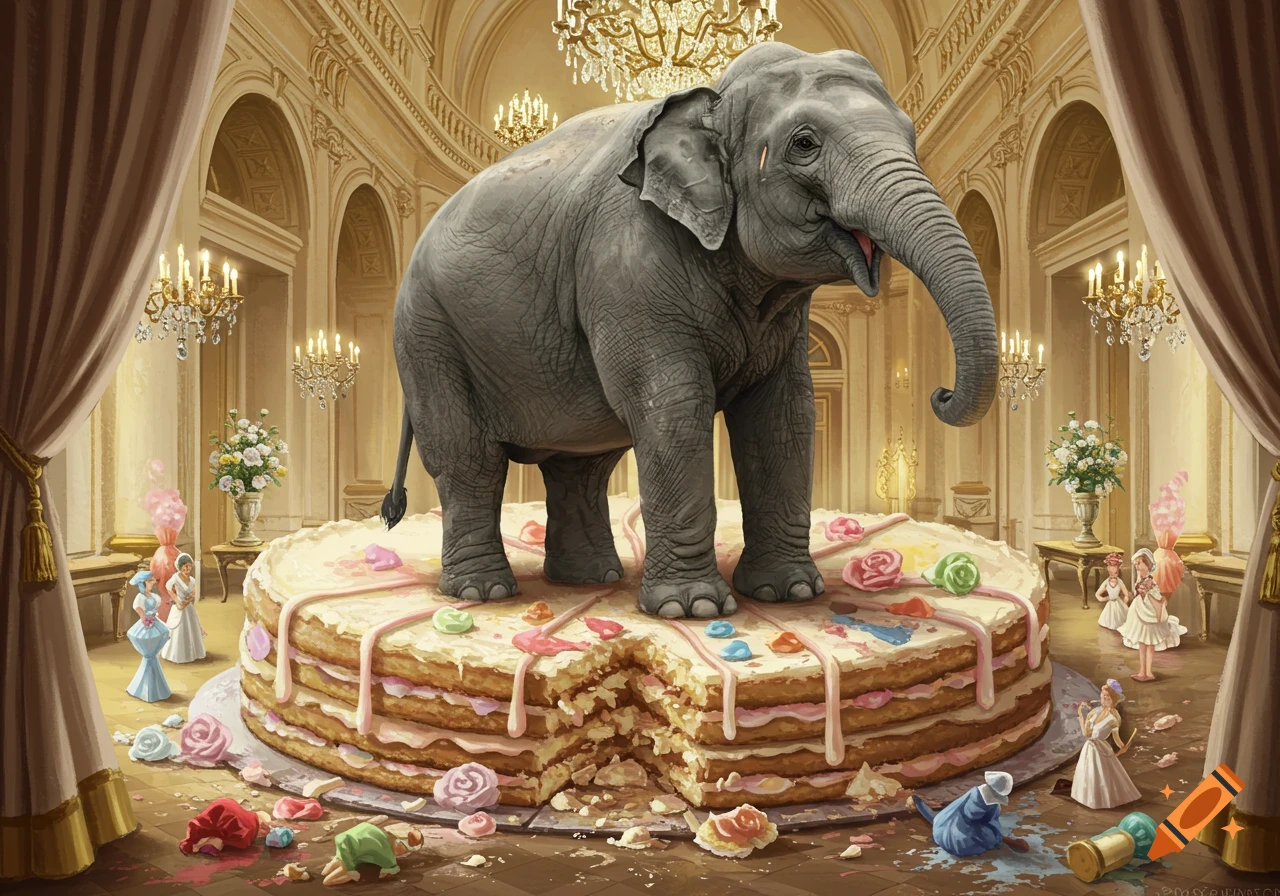 A large elephant stands atop a squashed wedding cake in a opulent ballroom with small, scattered figures.