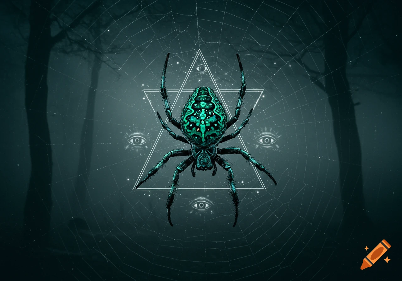 A vibrant green and black spider on a web with a geometric triangle, mystical eyes, and dark trees in a symbolic art style.