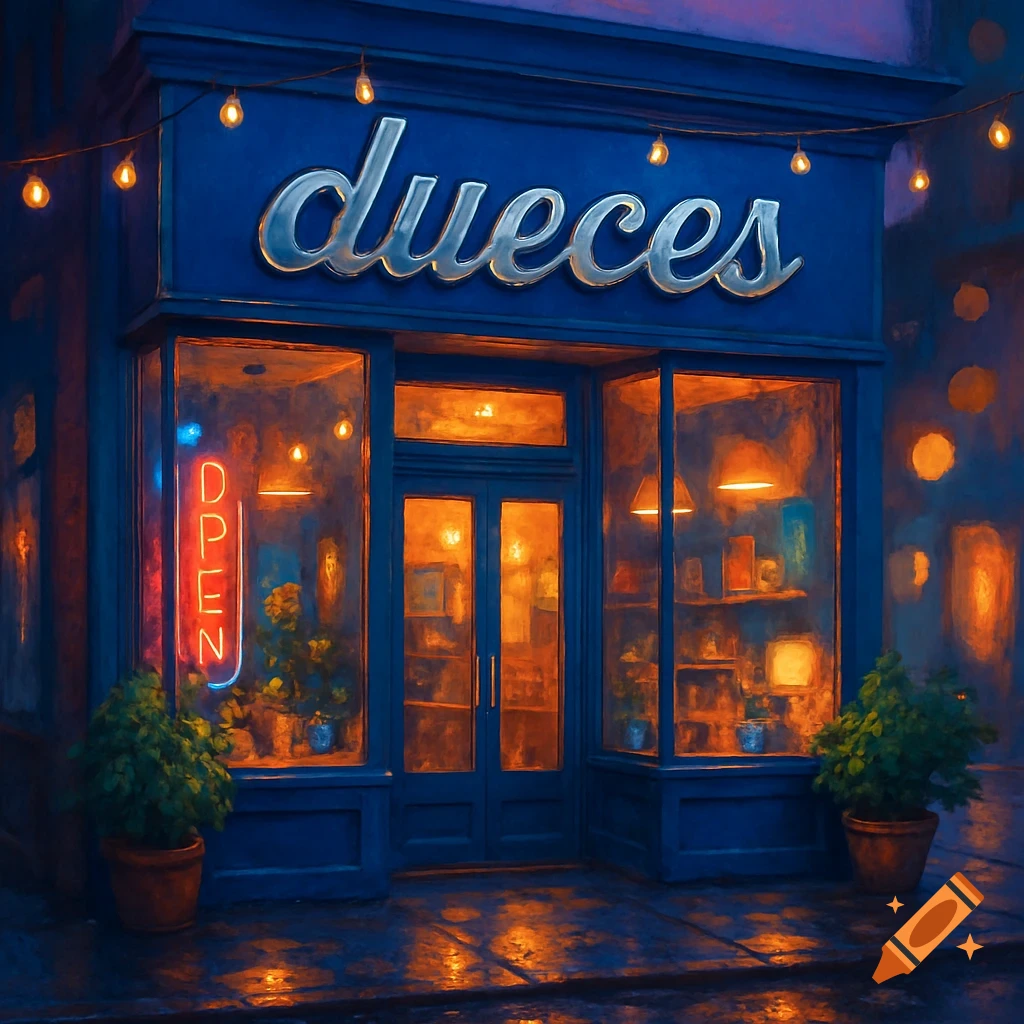 A dark blue storefront with a silver 'dueces' sign and a red neon 'OPEN' sign. String lights hang above, reflecting on the wet street.