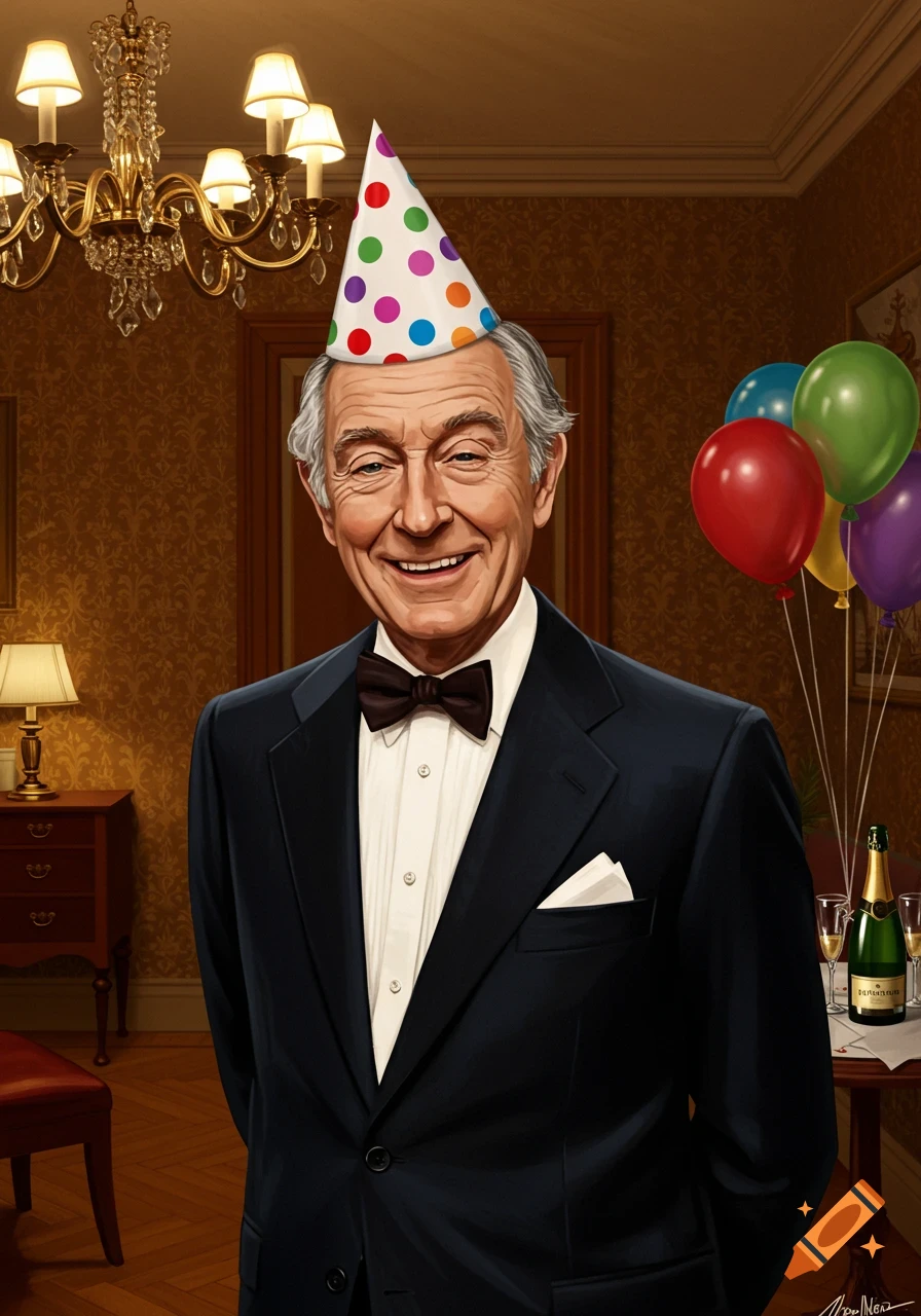 A smiling older man in a dark suit and bow tie wears a colorful polka-dot party hat in a room with balloons and champagne. Illustrated style.