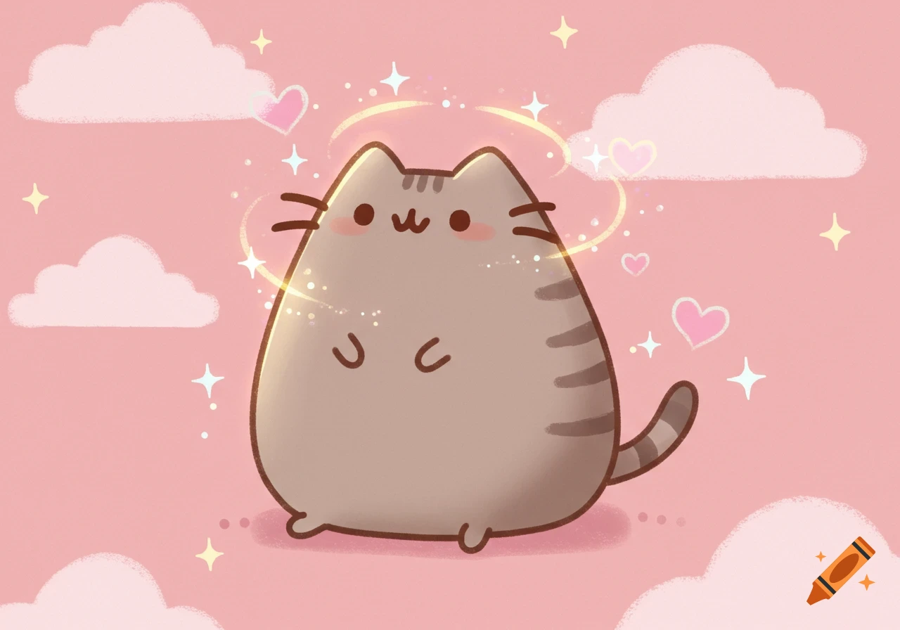 A cute cartoon Pusheen cat with a halo, stars, and hearts, on a pink background with clouds.