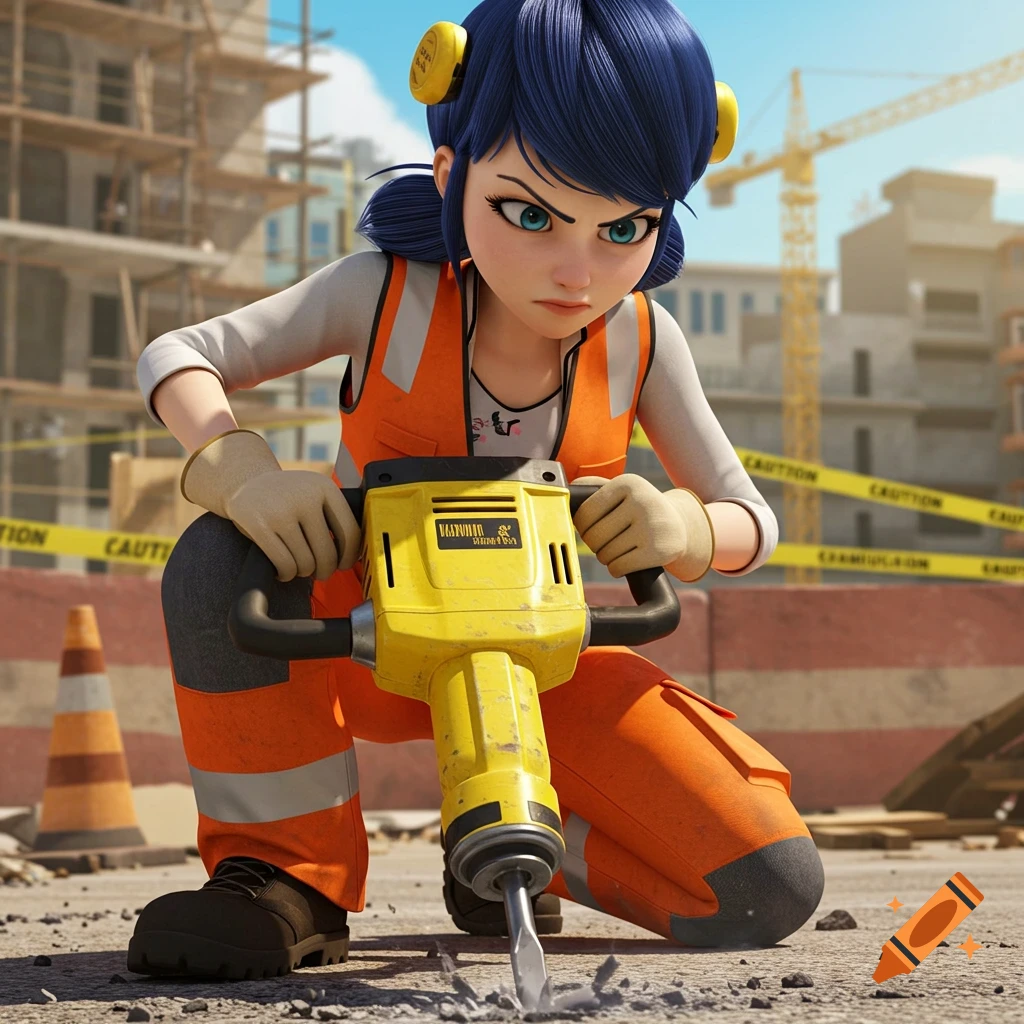 Marinette from Miraculous Ladybug in construction gear, frowning while operating a yellow jackhammer at a construction site.