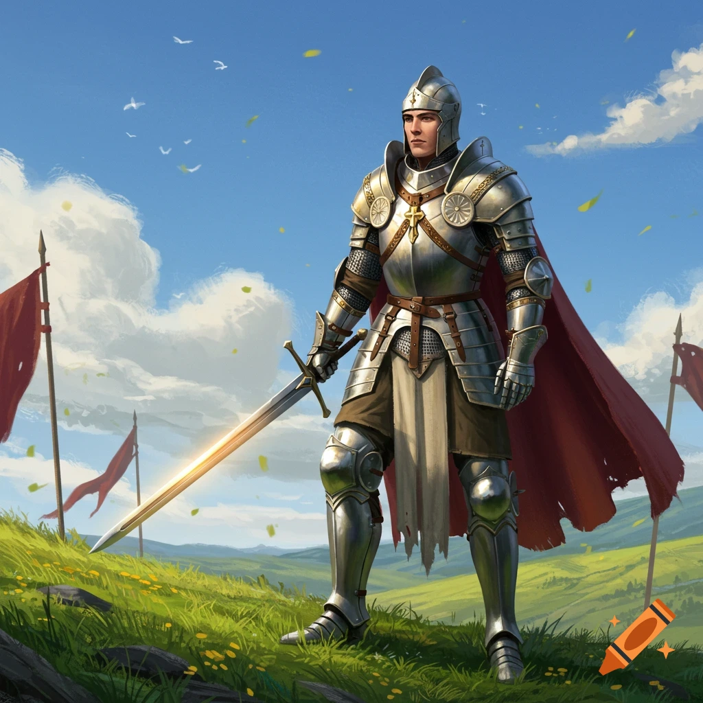 A knight in shining armor with a red cape stands in a green field holding a glowing sword under a blue sky with clouds and birds.