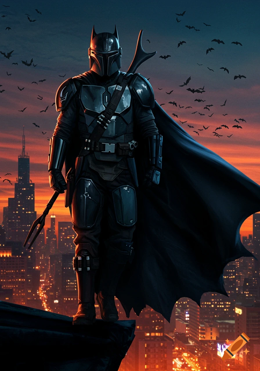 Batman-Mandalorian hybrid in armored suit standing on a Gotham-like rooftop at sunset with bats.