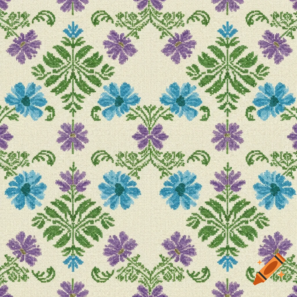 A repeating cross-stitch pattern of blue and purple flowers with green foliage on a cream fabric.