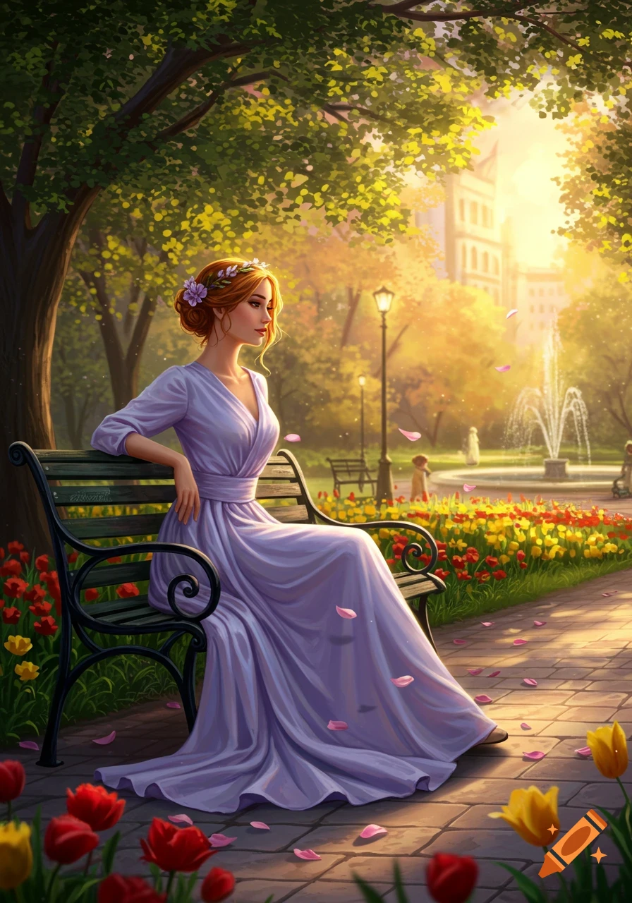 A woman in a flowing purple dress sits on a park bench, surrounded by colorful flowers and trees under golden sunlight.