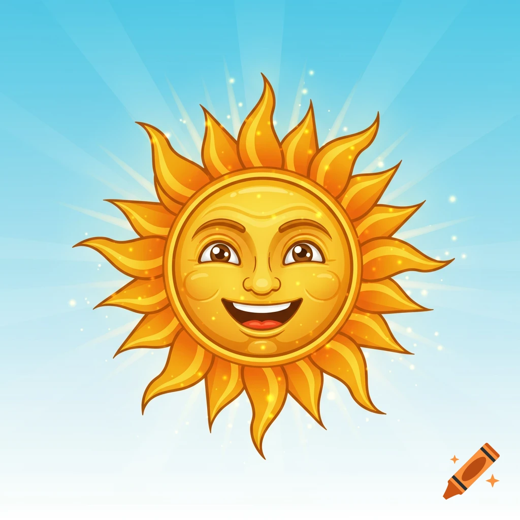 A bright, smiling cartoon sun with golden rays set against a light blue sky.