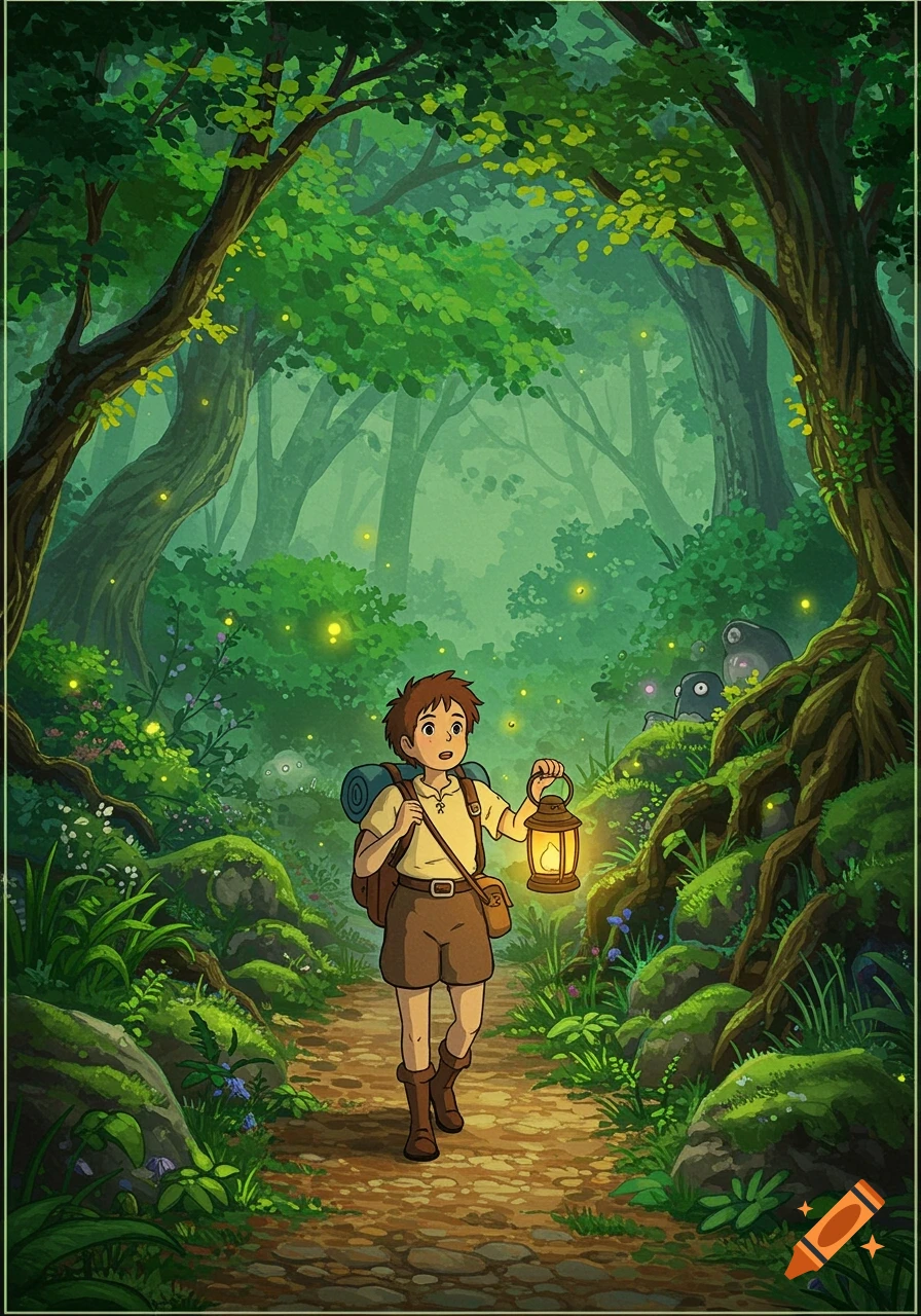 Young traveler with a lantern and backpack walks a path through a magical, glowing forest, in Studio Ghibli anime style.