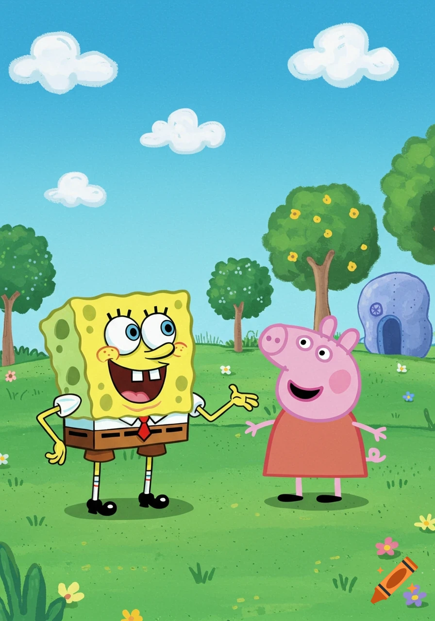 SpongeBob SquarePants and Peppa Pig stand side-by-side in a vibrant green field under a blue sky with white clouds.