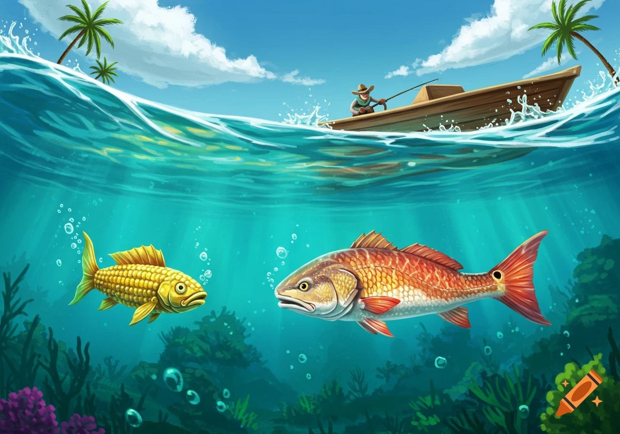A stylized scene of a fisherman in a boat above water, with a large redfish chasing a yellow, corn-like fish underwater.