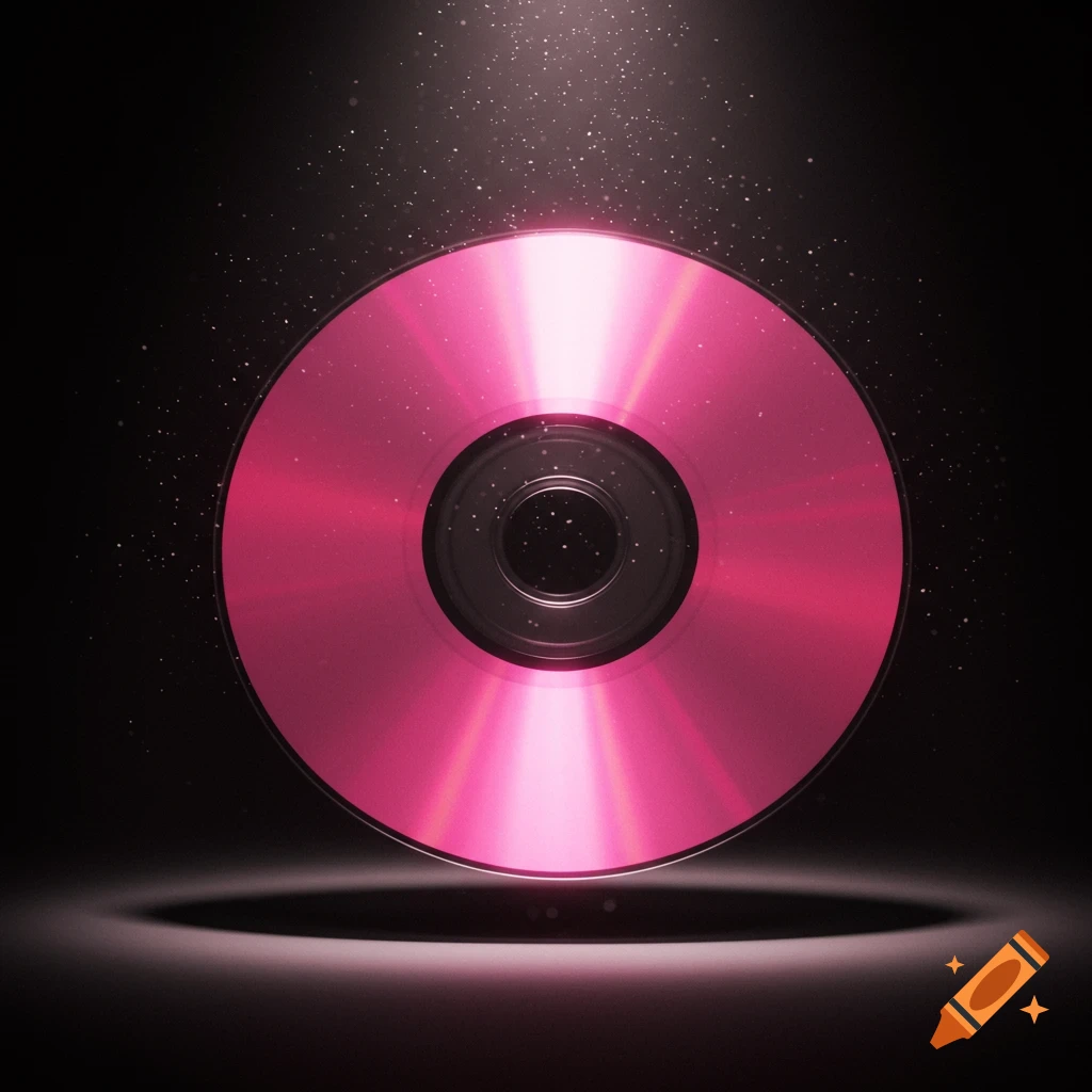 A vibrant pink compact disc (CD) glows under spotlight, surrounded by sparkling particles, against a dark background.