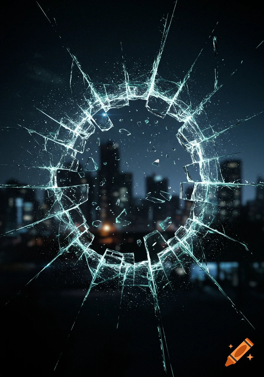 A close-up of a window with a circular hole smashed through it, shards of glass flying outwards, with a blurred city skyline at night in the background.