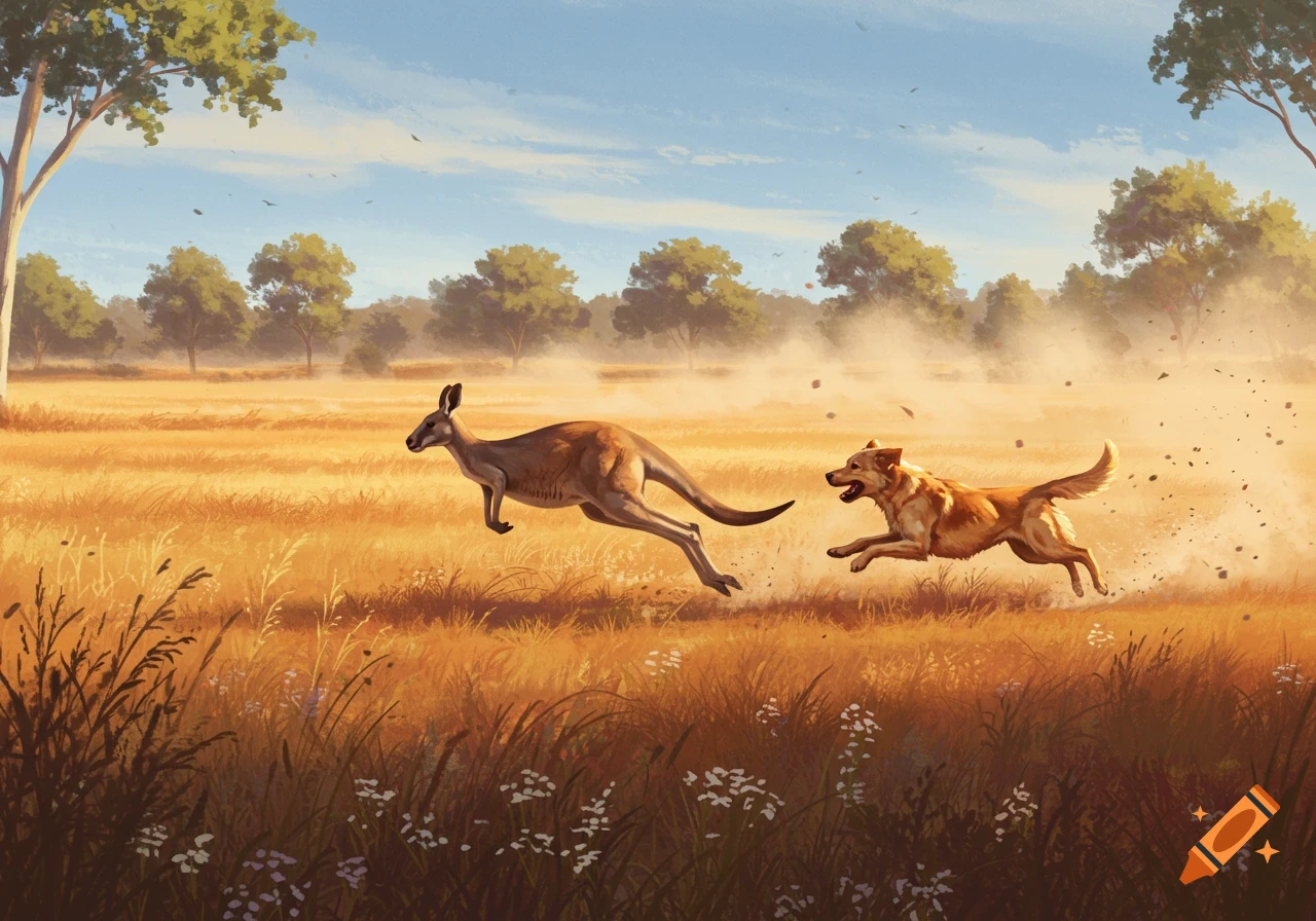 A brown kangaroo hops through a golden field, pursued by a running dog, under a bright blue sky.