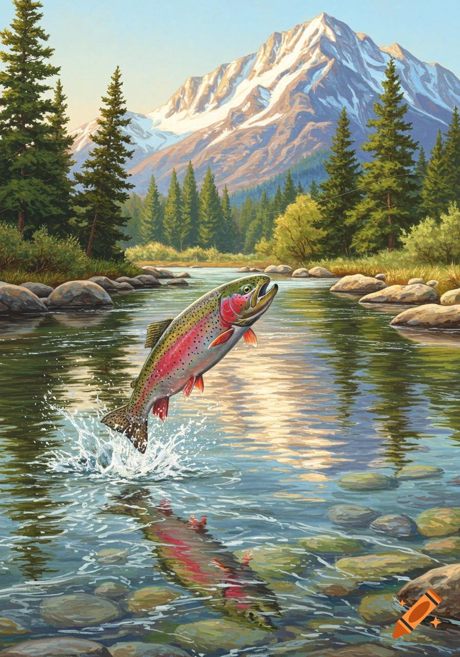 A vibrant rainbow trout leaps out of a clear mountain river, surrounded by pine trees and snow-capped peaks in a painting style.