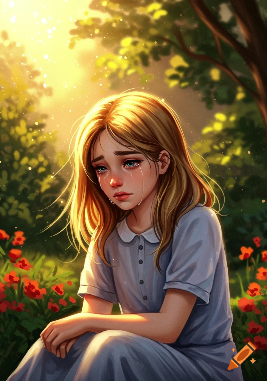 A crying young girl with blonde hair sits in a bright, sunlit garden with red flowers, depicted in a vibrant digital painting style.