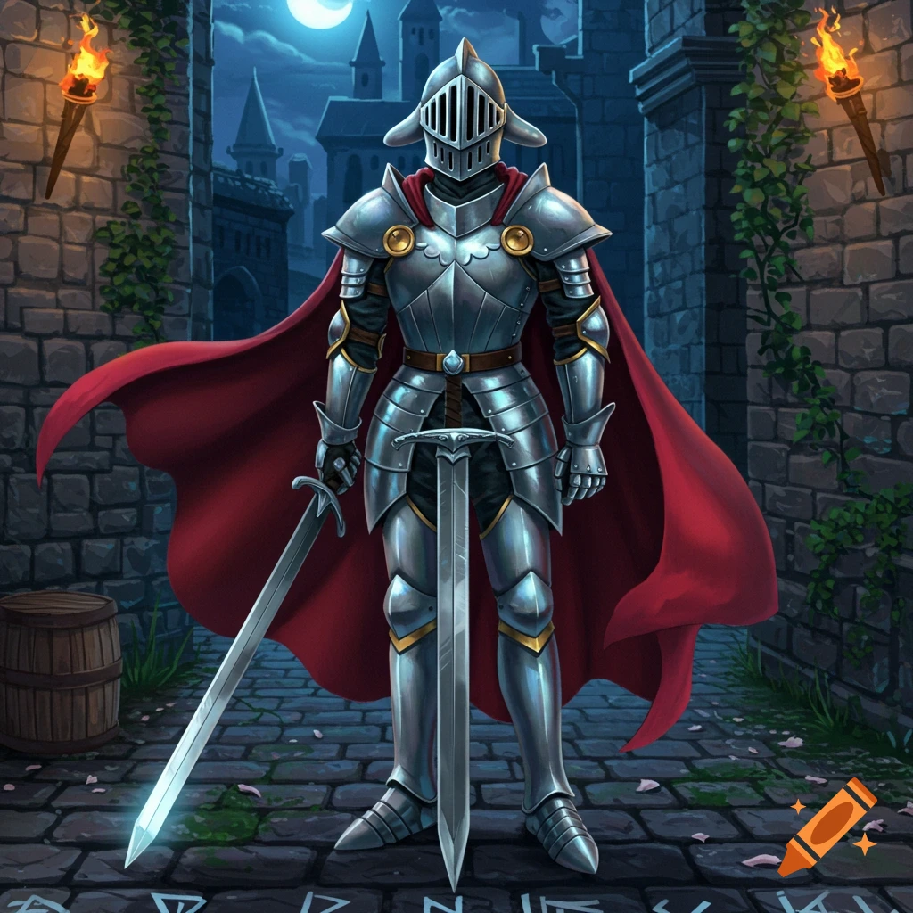 A knight in gleaming silver armor and a flowing red cape stands in a dark, stone alleyway under a full moon, with two swords.