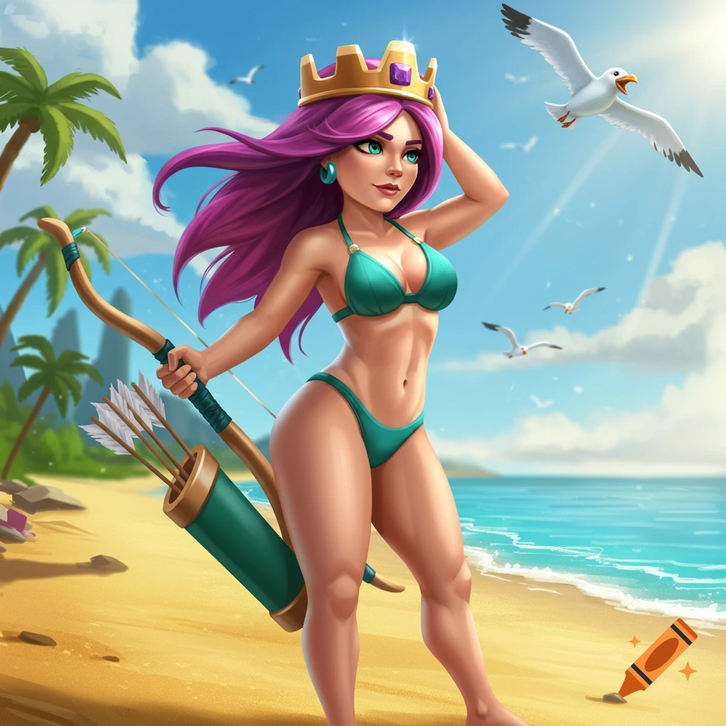 Cartoon archer queen in a green bikini, holding a bow and quiver, on a sunny beach with ocean and seagulls.