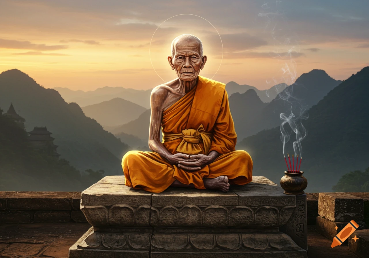 An old monk meditates on a stone platform overlooking misty mountains at sunrise, with incense burning nearby.