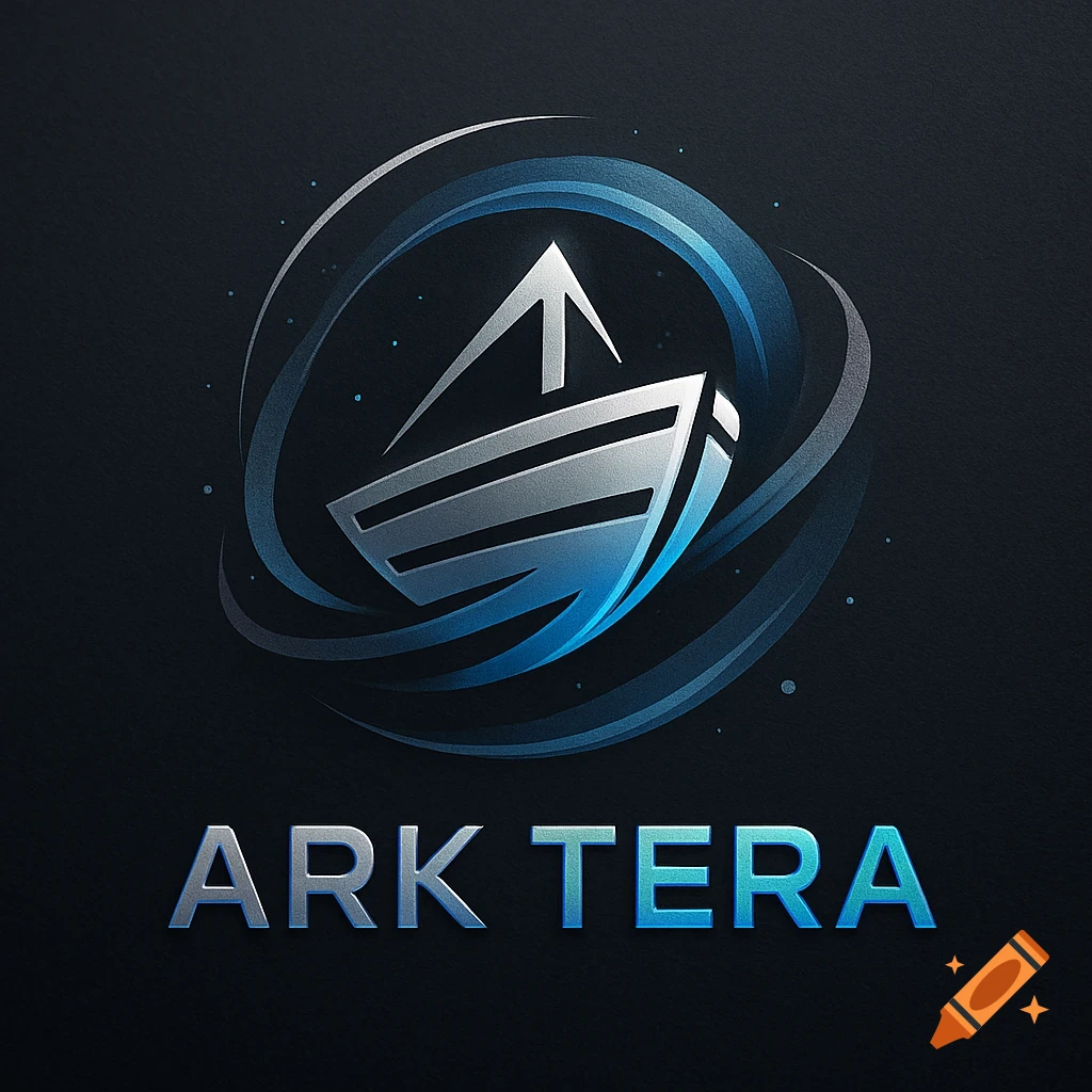 A stylized silver and blue boat icon within swirling arcs, above the text 'ARK TERA' on a dark textured background.