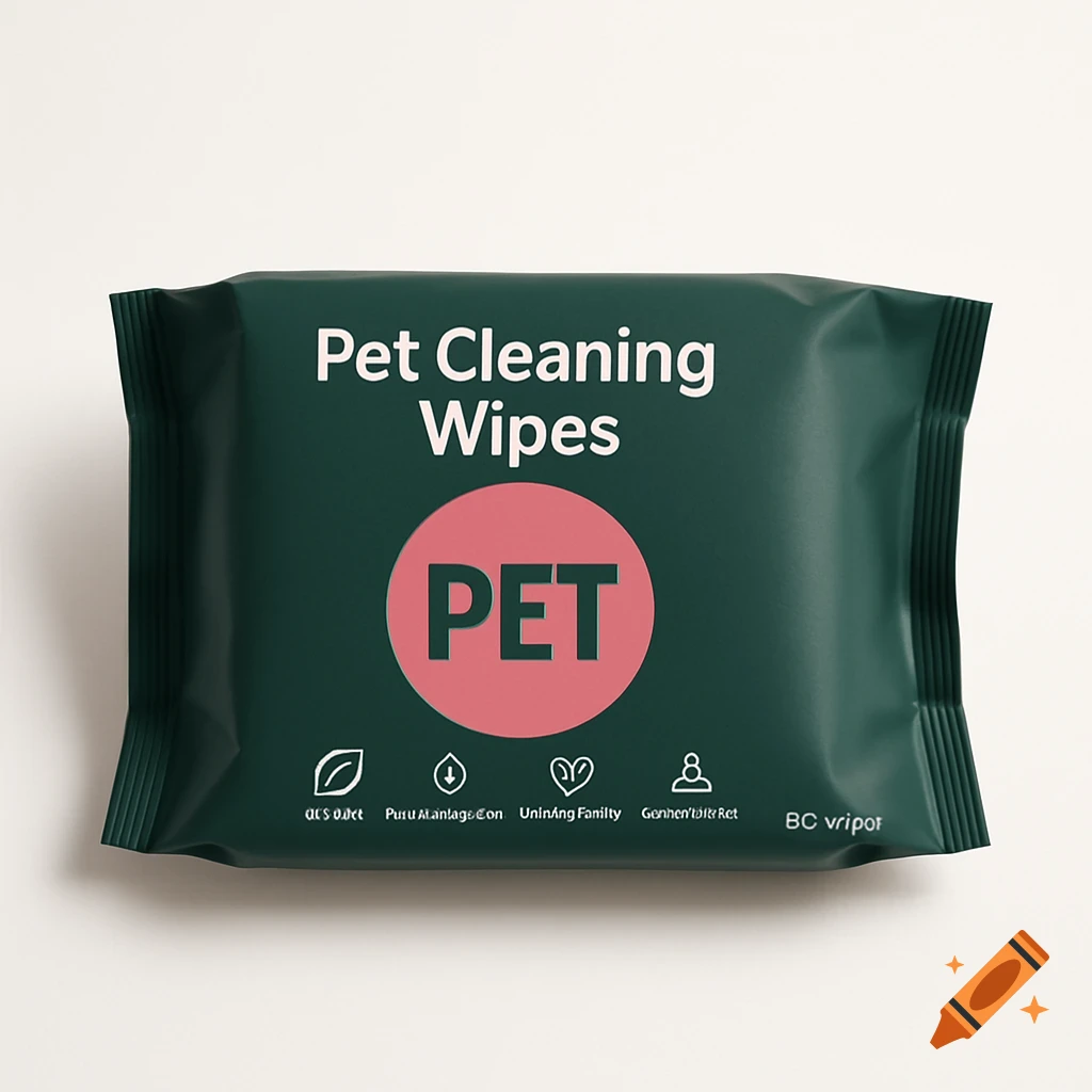 A pack of dark green pet cleaning wipes with white text reading 'Pet Cleaning Wipes' and a pink circle with 'PET' on a white background.