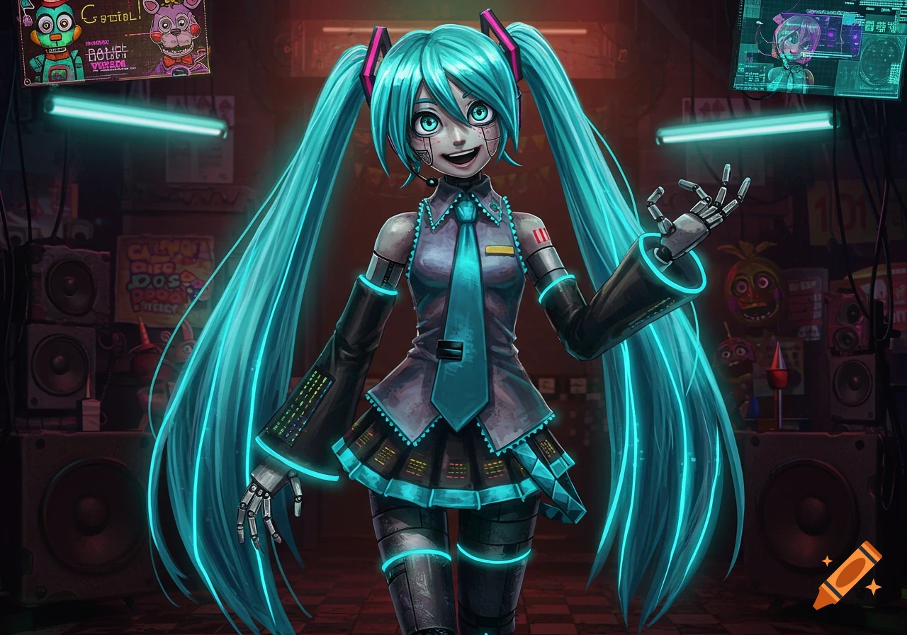 A creepy Hatsune Miku animatronic with glowing blue pigtails and cybernetic parts stands in a dark, cluttered room with neon lights, speakers, and distressed posters.