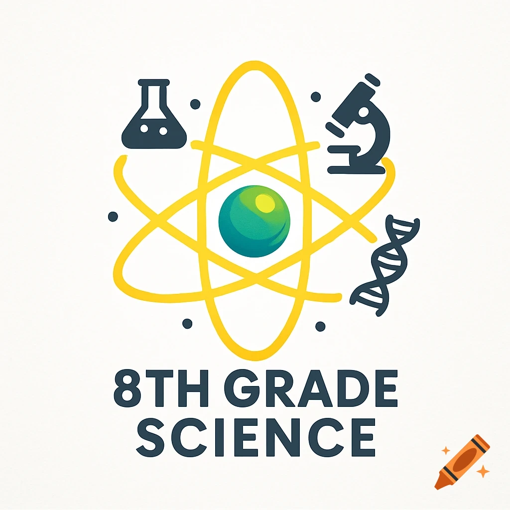 A vibrant science logo with an atom, flask, microscope, and DNA helix icons, and the text '8TH GRADE SCIENCE'.