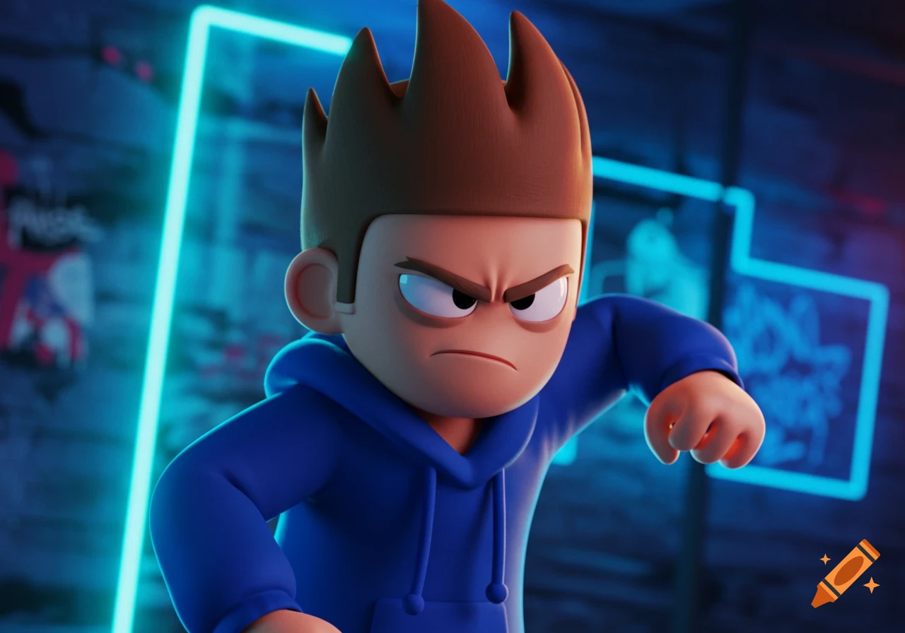 A 3D animated character with spiky brown hair and a blue hoodie, looking annoyed, in a neon-lit room.