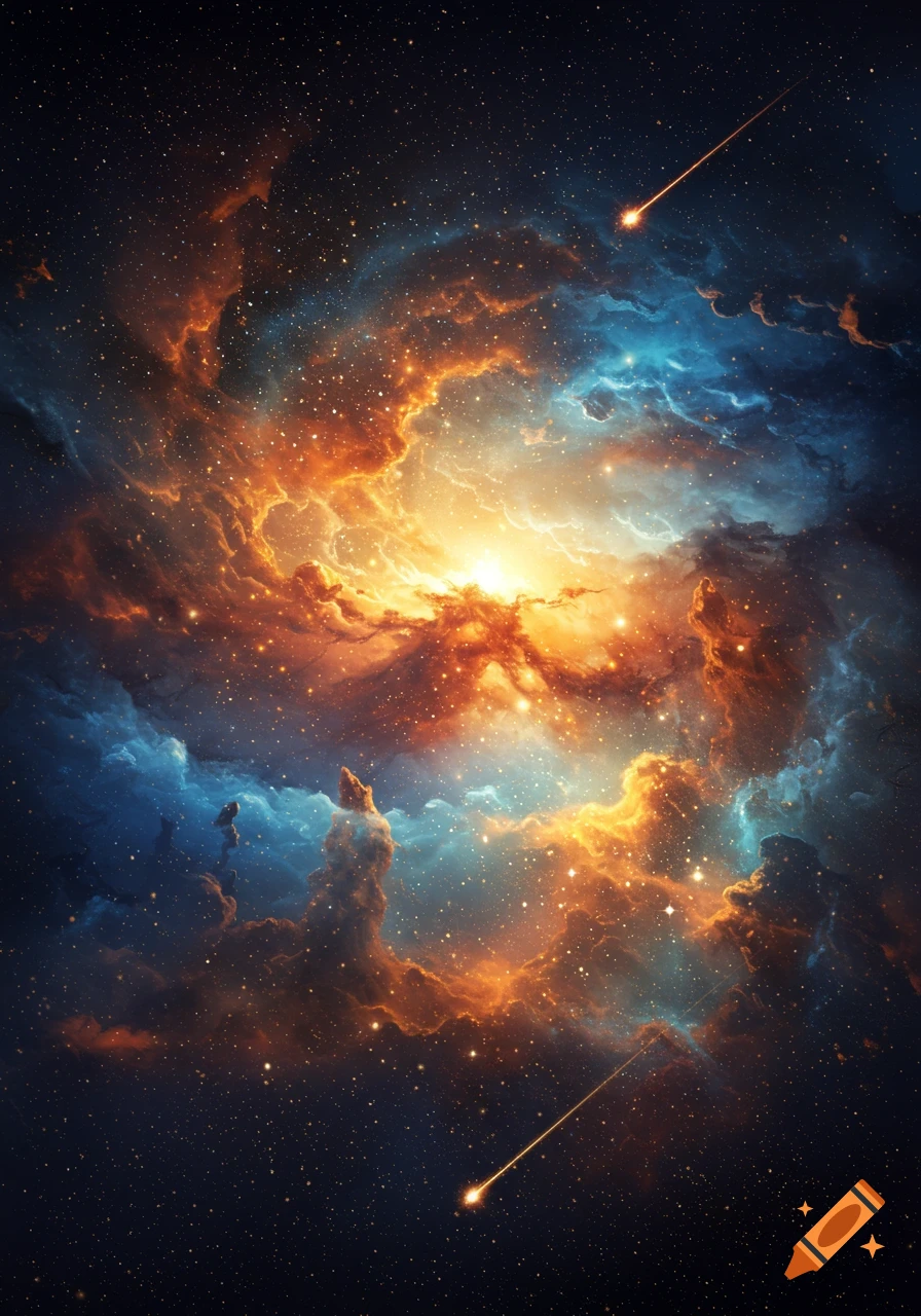 A vibrant nebula in deep space with glowing orange, red, and blue gas clouds, countless stars, and two shooting stars.