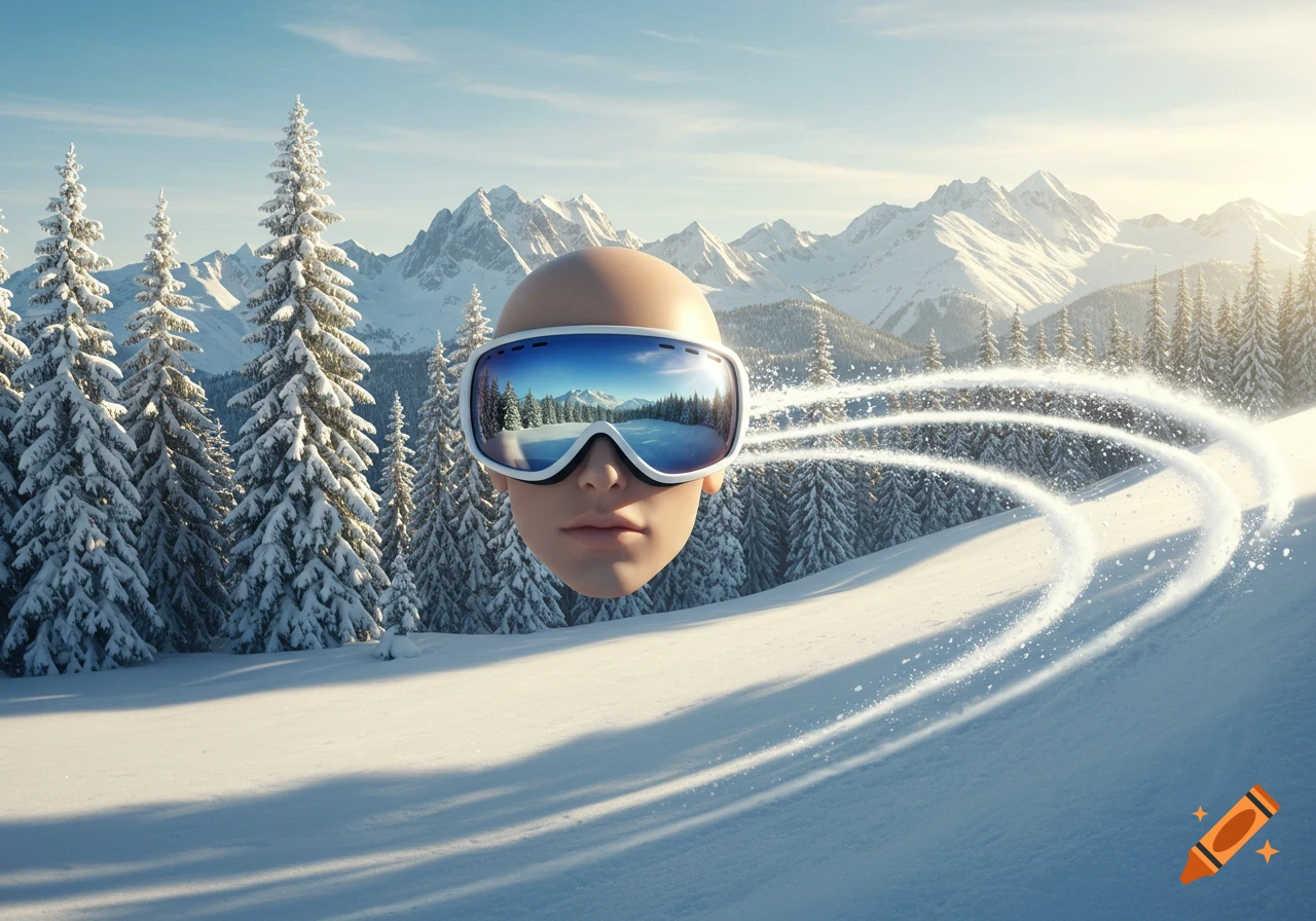 A photorealistic image of a bald human head wearing ski goggles, leaving snow trails while skiing down a sunny, snowy mountain with pine trees.