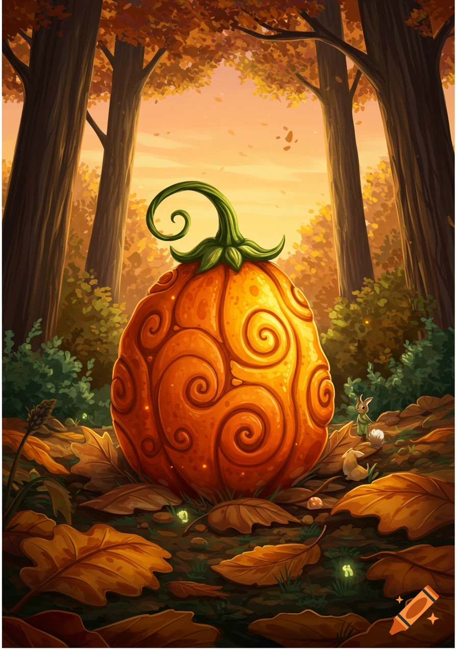 A large, glowing orange fantasy fruit with swirling patterns on autumn leaves in a sunlit forest, with tiny creatures.