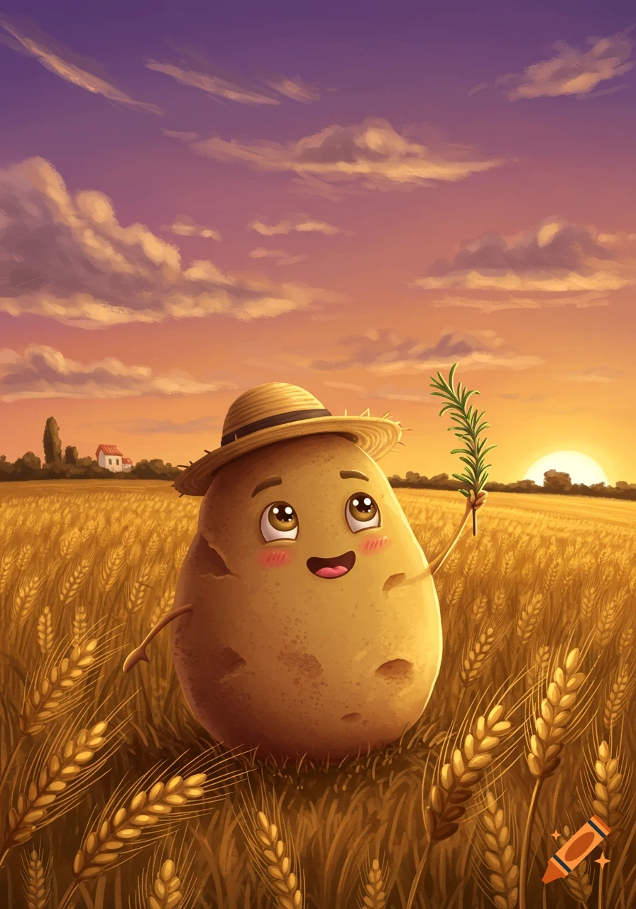 A cute cartoon potato wearing a straw hat stands in a golden wheat field at sunset, holding a green sprig.