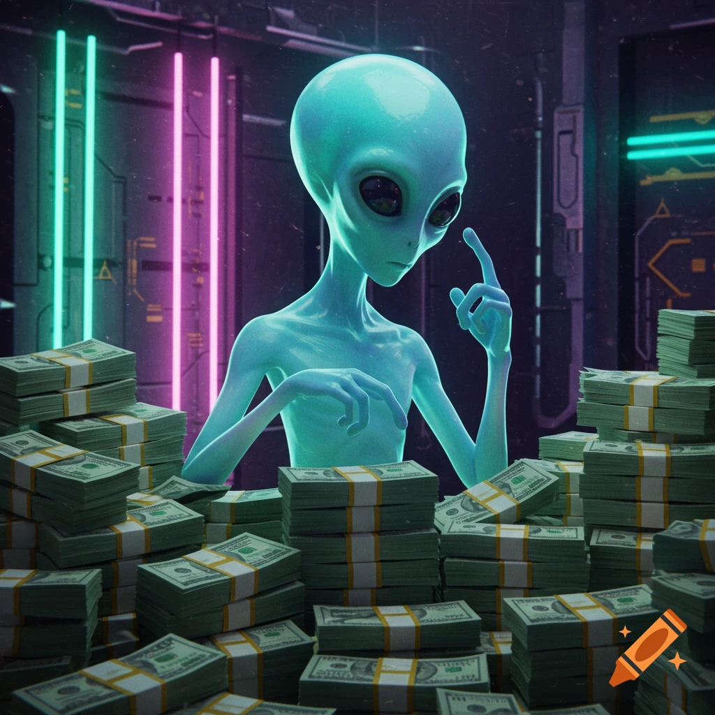 A teal alien sits at a table piled with stacks of money in a neon-lit, futuristic room.