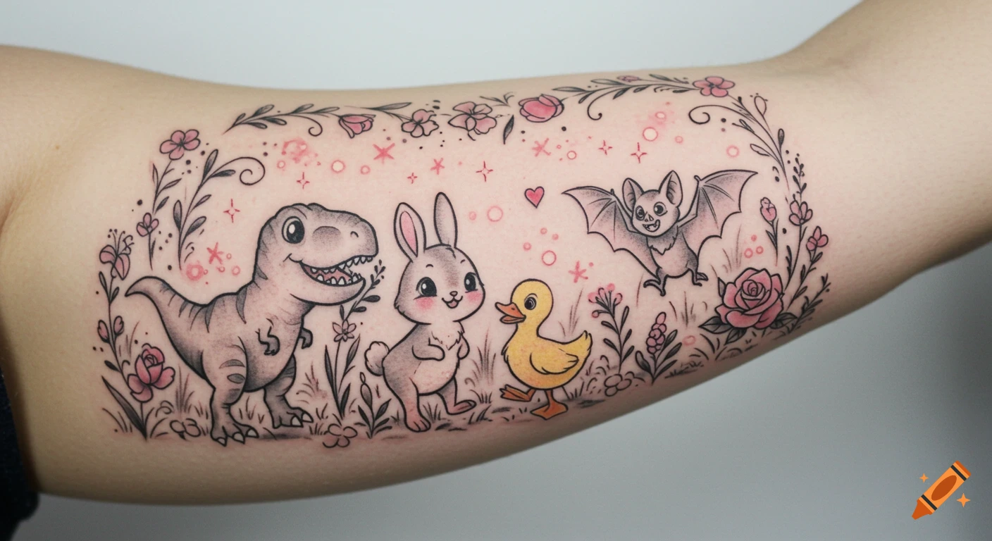 A colorful, Disney-inspired tattoo on an arm featuring a T-Rex, bunny, duckling, and bat among wildflowers and vines.