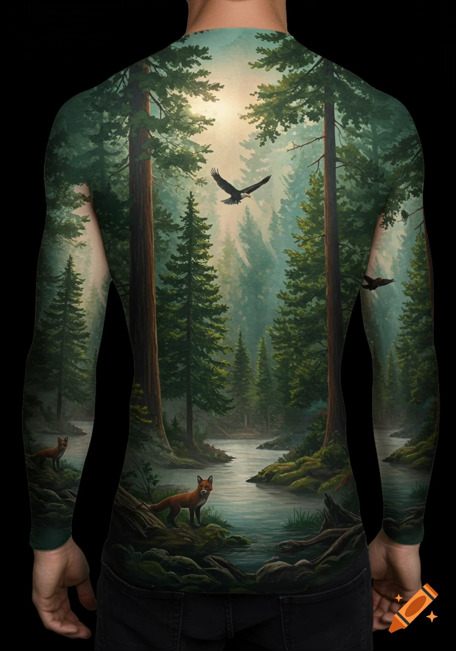 A detailed forest landscape with a river, foxes, and eagles painted on a person's back and arms, resembling a full-body tattoo.