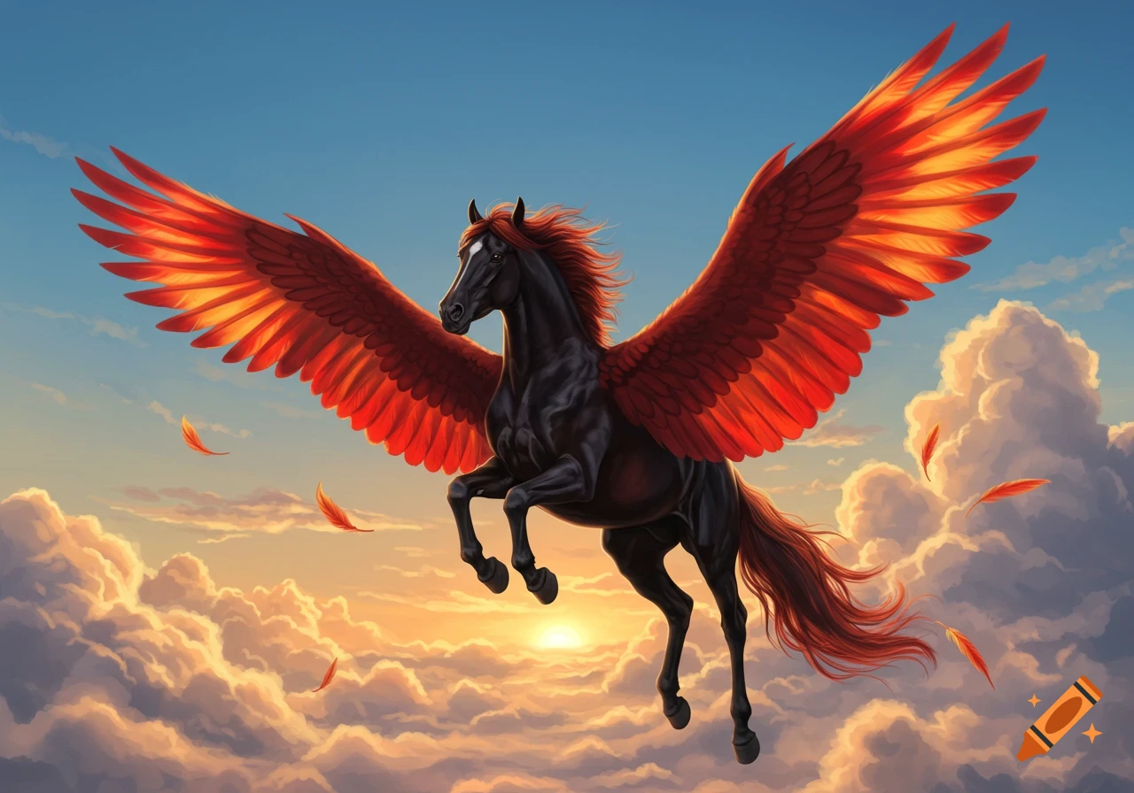 A majestic black winged horse with fiery red-orange wings soars above golden clouds at sunrise in a vibrant fantasy art style.