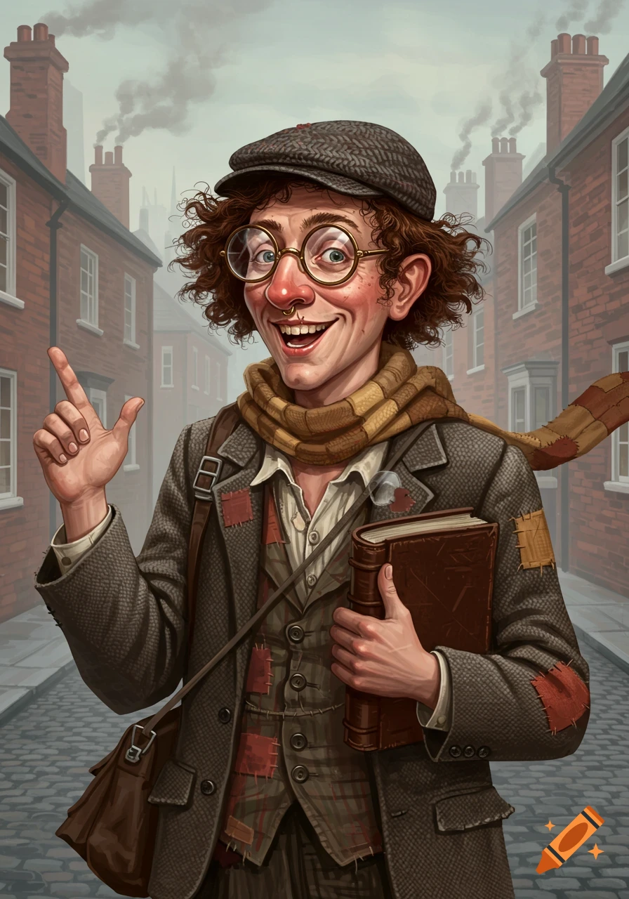 An illustration of a smiling, nerdy man with curly hair, glasses, and patched clothes, pointing up on a cobblestone street.