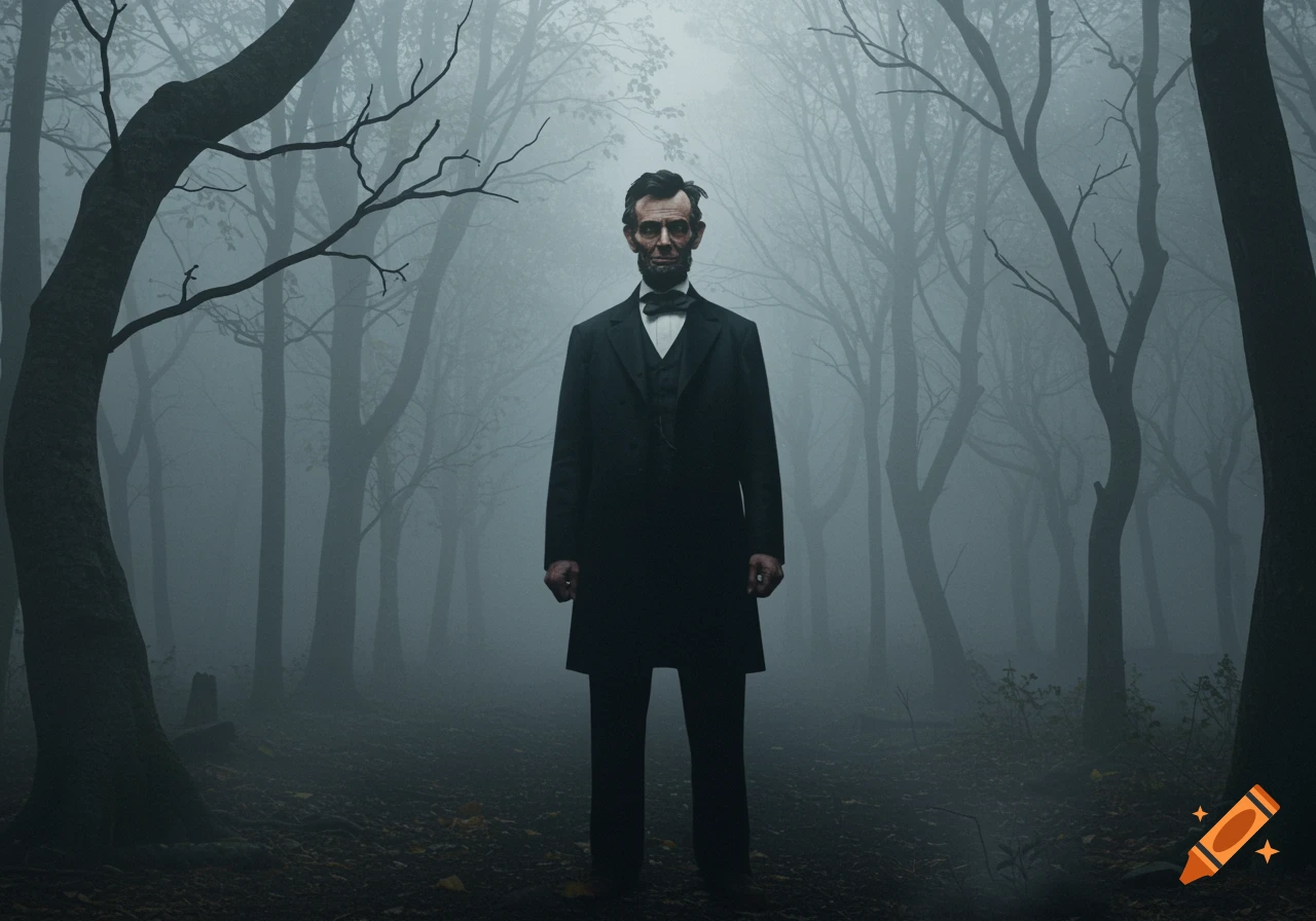 Abraham Lincoln in a dark suit stands in a misty, bare forest, depicted in a photorealistic, eerie style.
