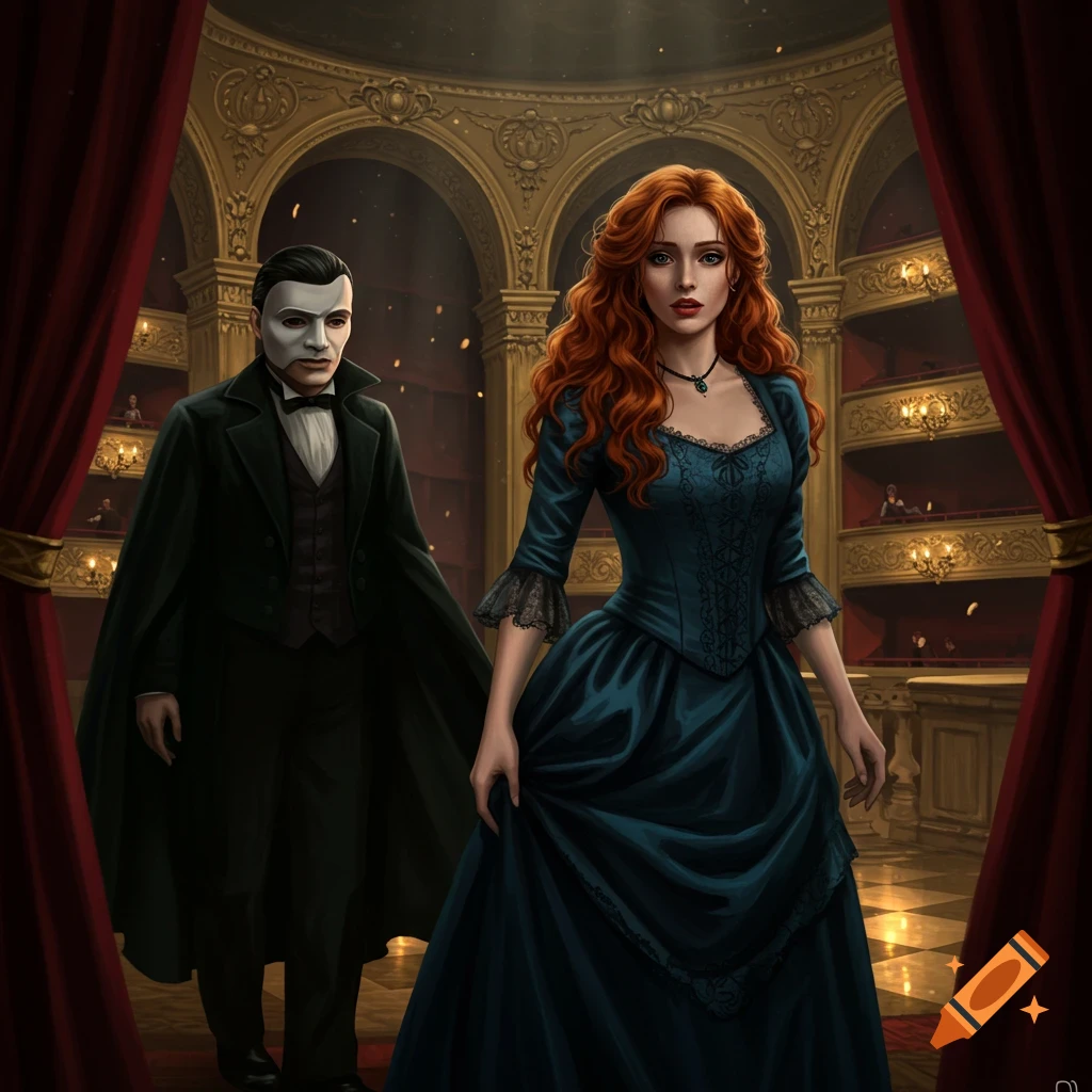 A masked man and a redheaded woman in an opulent opera house with red curtains.